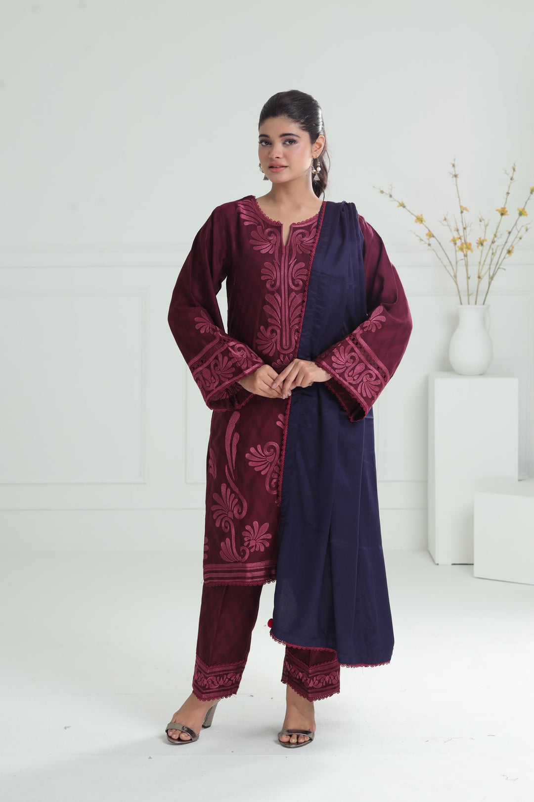Khaddar Maroon Stitched Suit - Jazmin