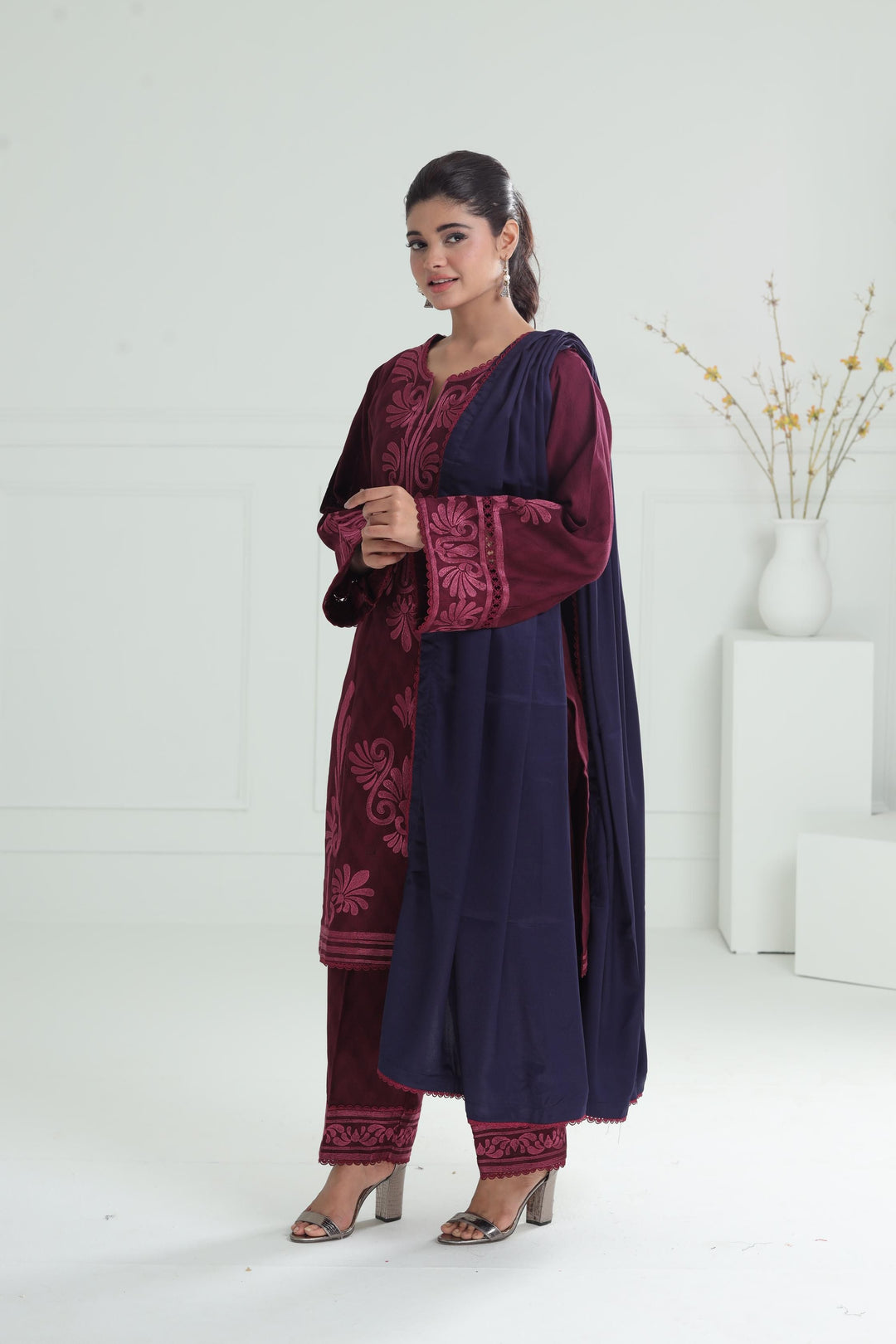 Khaddar Maroon Stitched Suit - Jazmin