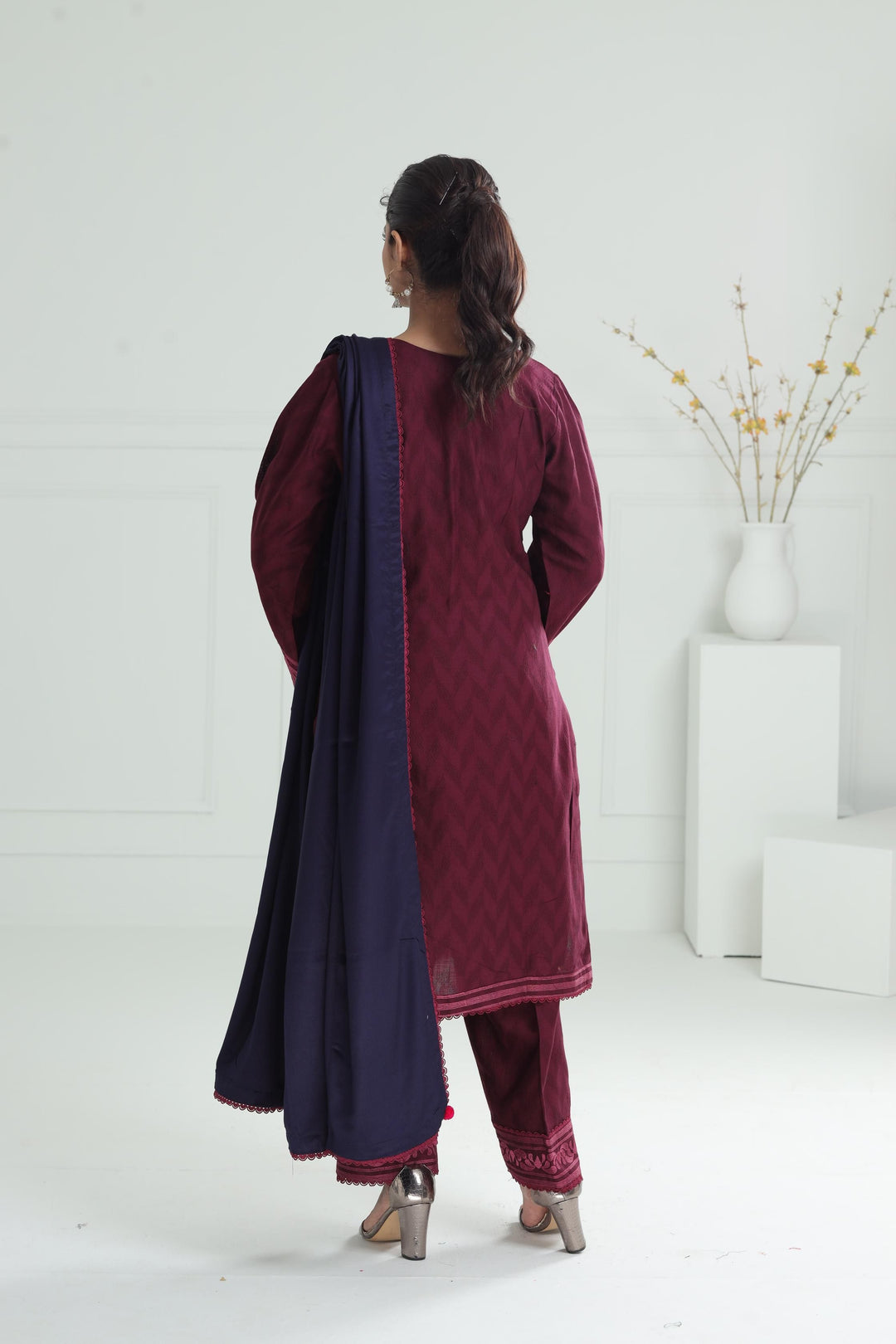 Khaddar Maroon Stitched Suit - Jazmin