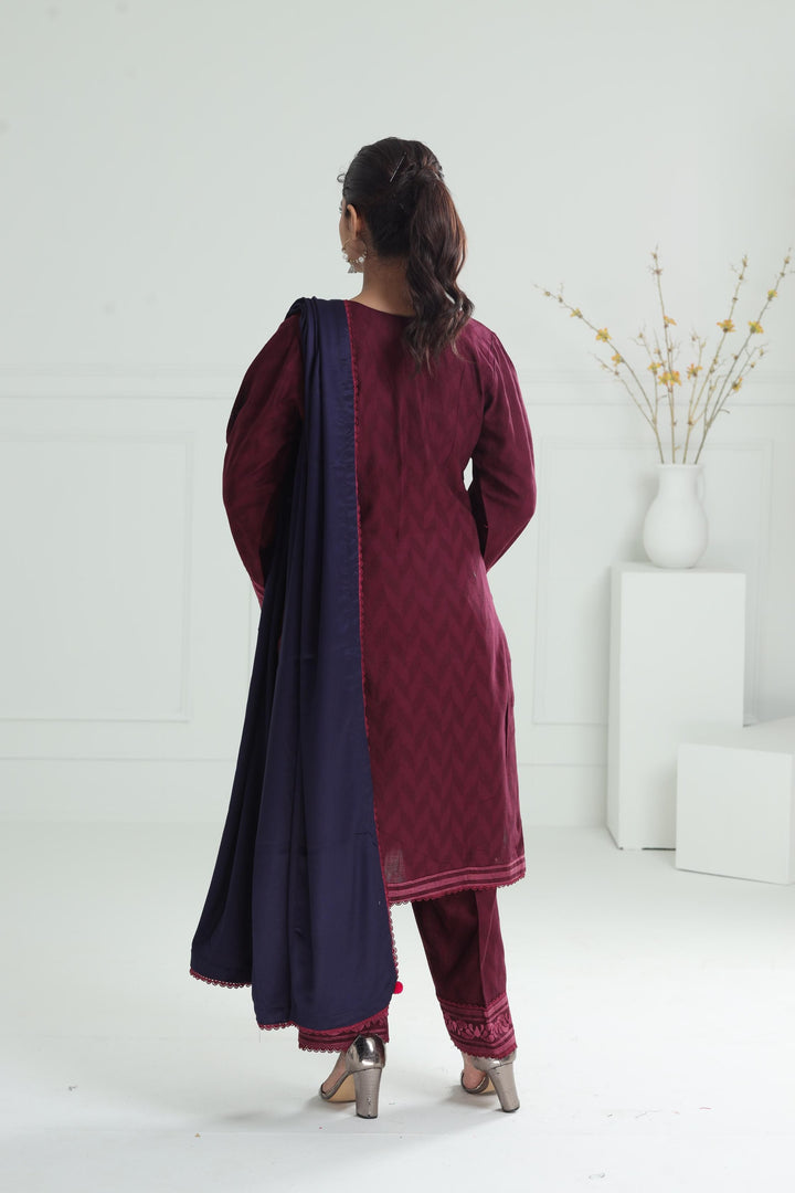 Khaddar Maroon Stitched Suit - Jazmin