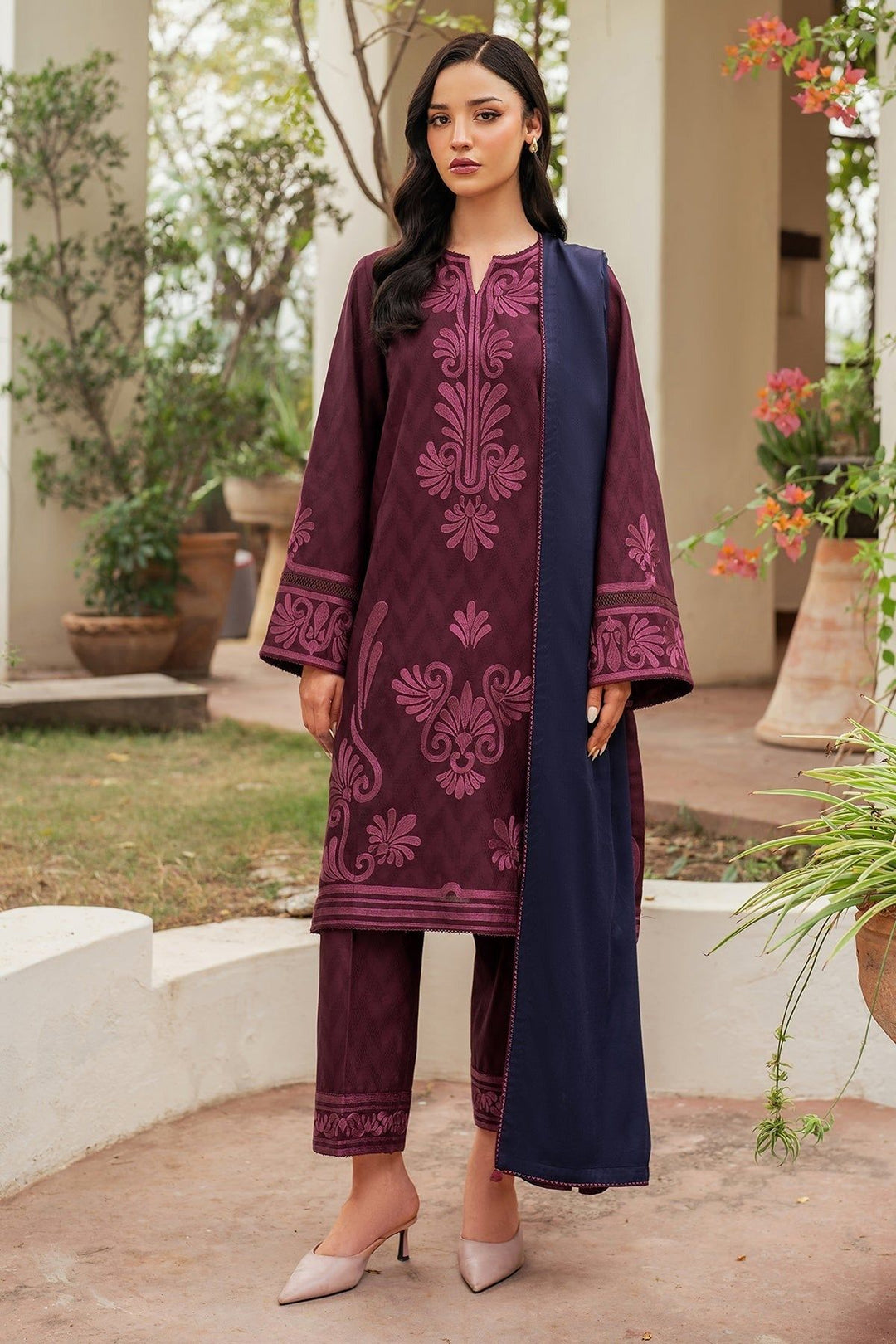 Khaddar Maroon Stitched Suit - Jazmin