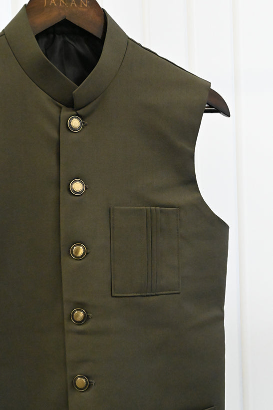 Suiting Olive Green Waist Coat - J. Junaid Jamshed