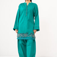 Satin Jacquard Sea Green Stitched Suit - Zeen