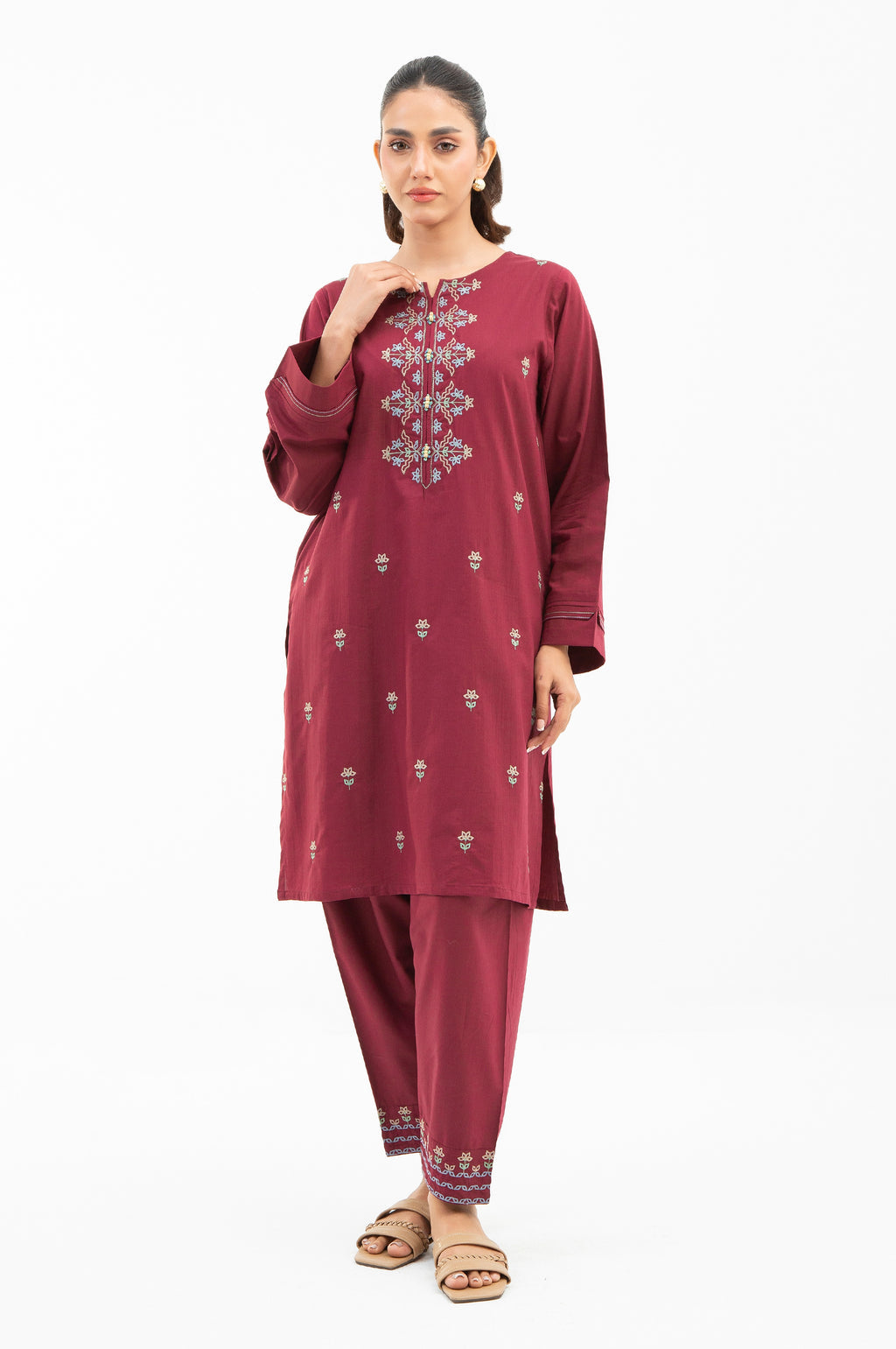 Cotton Viscose Maroon Stitched Suit - Zeen