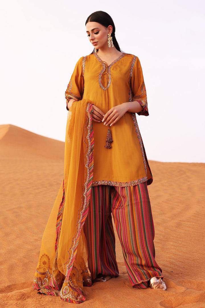 Embroidered Raw Silk Mustard Stitched Suit - Charizma