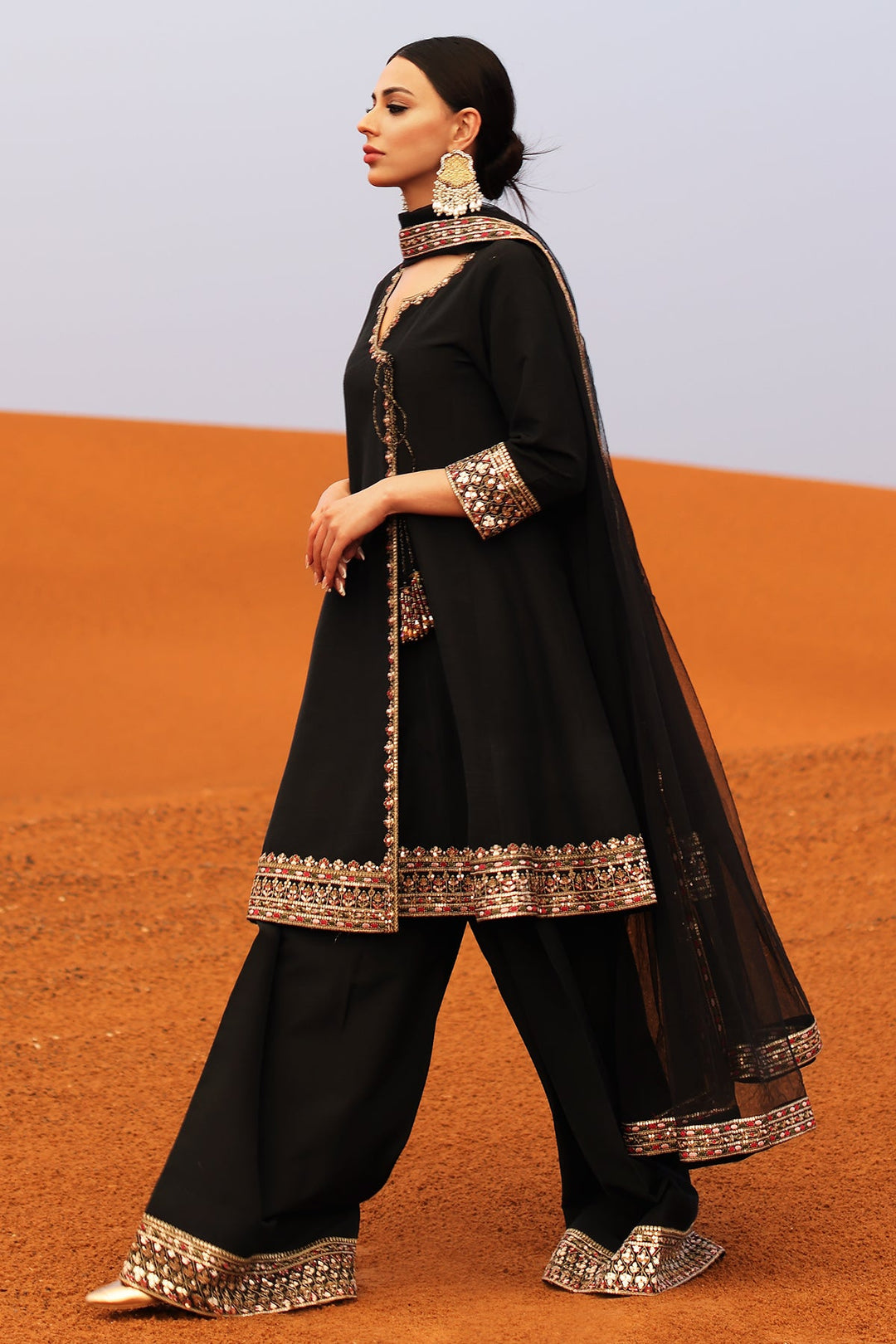 Embroidered Raw Silk Black Stitched Suit - Charizma