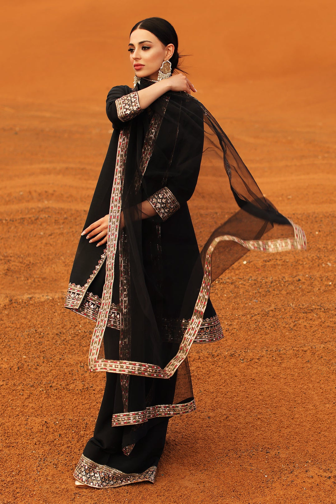 Embroidered Raw Silk Black Stitched Suit - Charizma