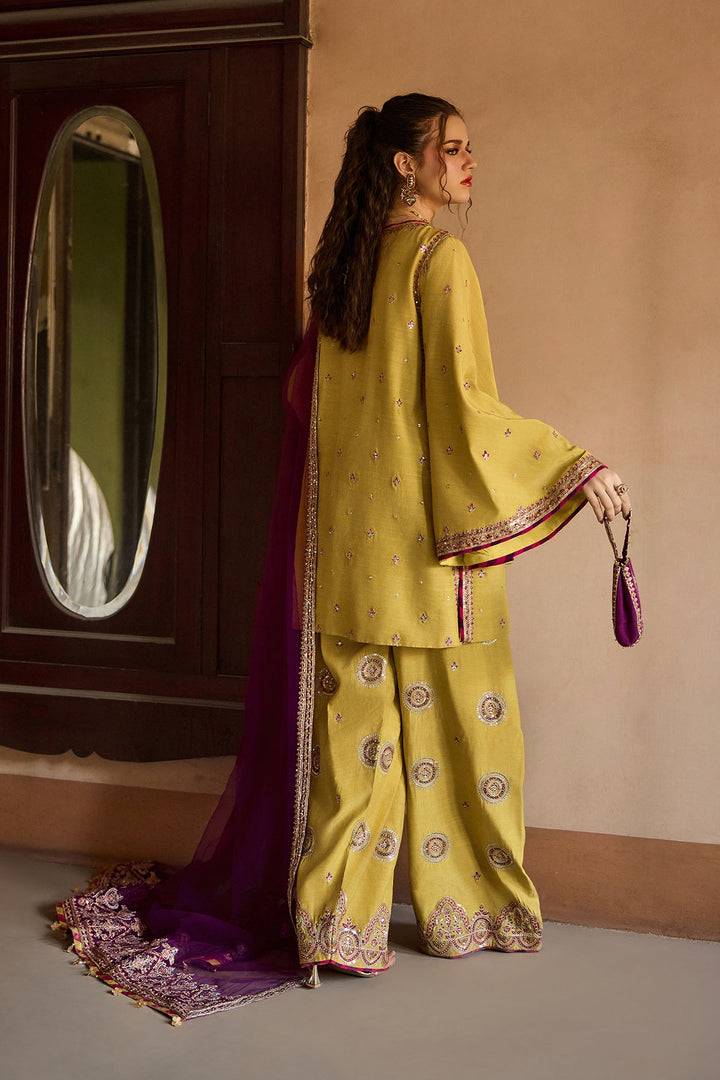 Embroidered Cotton Net Yellow Stitched Suit - Charizma