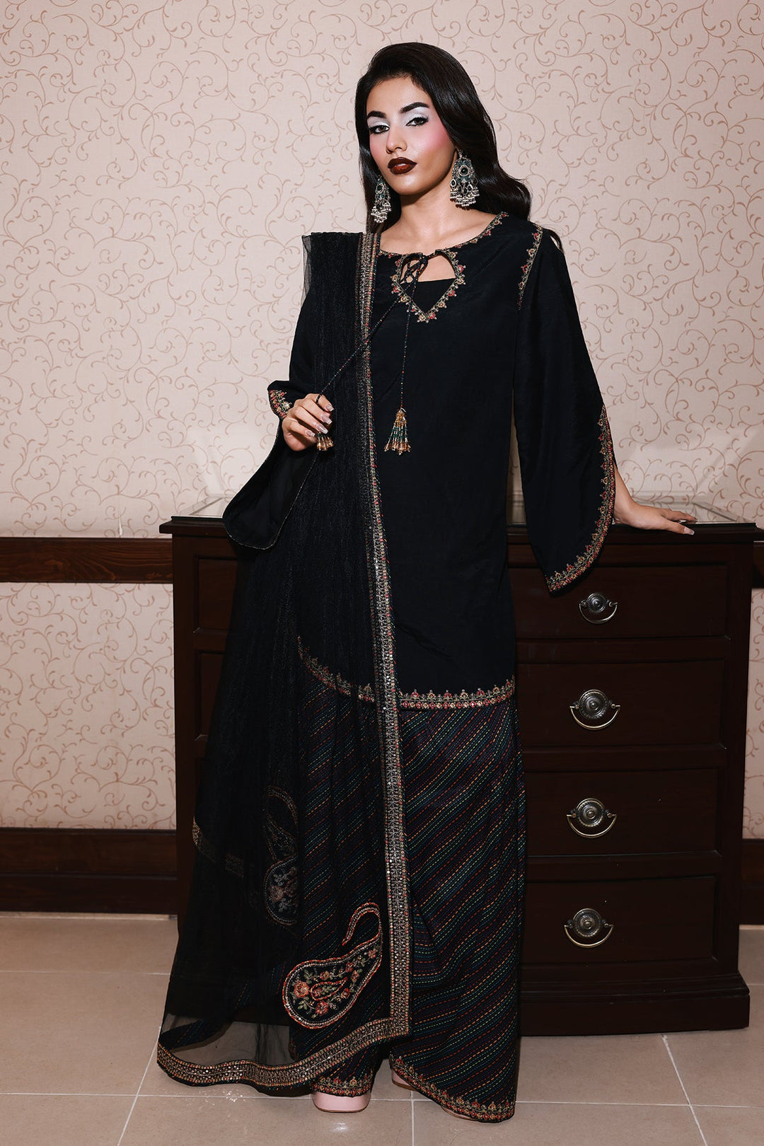 Embroidered Raw Silk Black Stitched Suit - Charizma