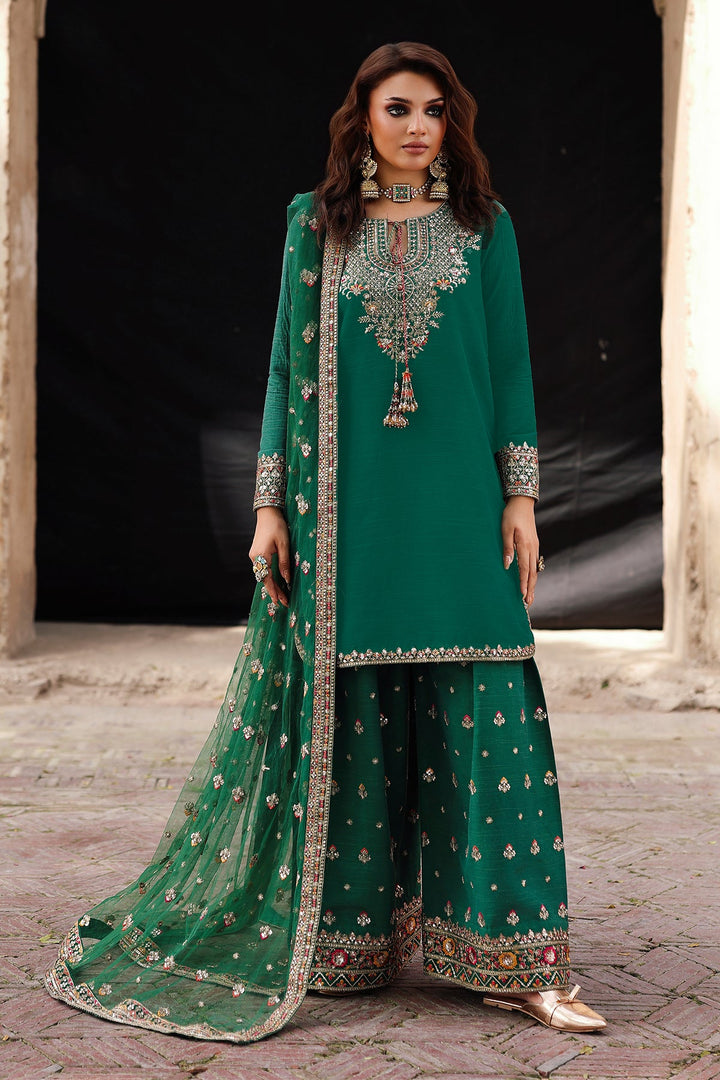 Embroidered Raw Silk Green Stitched Suit - Charizma