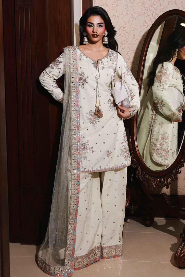 Embroidered Raw Silk White Stitched Suit - Charizma