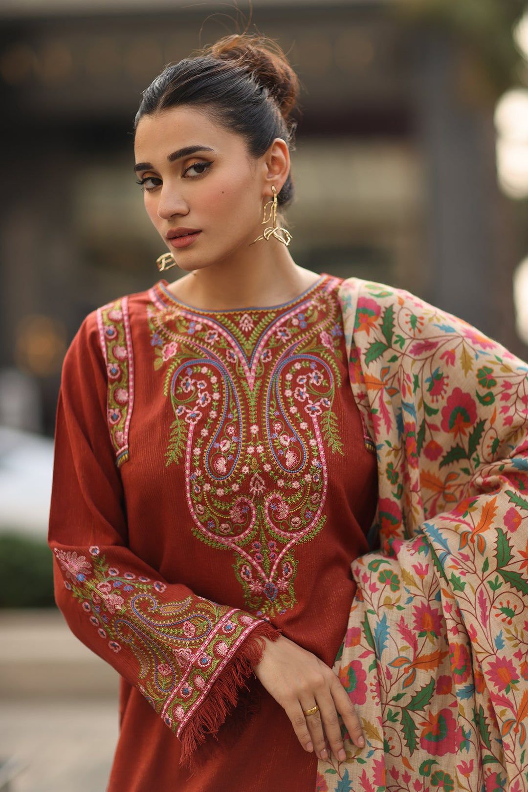 Embroidered Raw Silk Orange Stitched Suit - Charizma