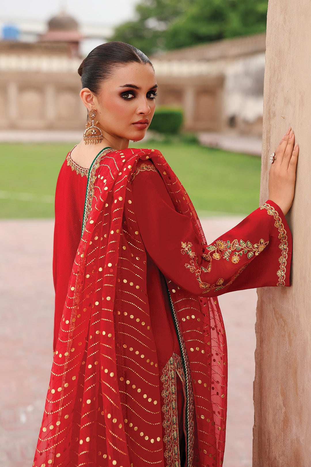 Embroidered Raw Silk Red Stitched Suit - Charizma