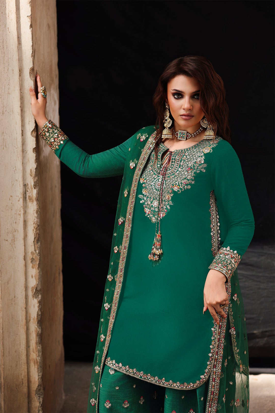 Embroidered Raw Silk Green Stitched Suit - Charizma