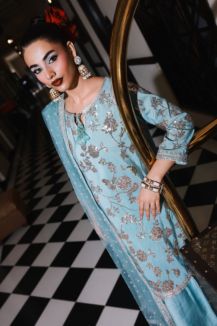 Embroidered Raw Silk Ferozi Stitched Suit - Charizma