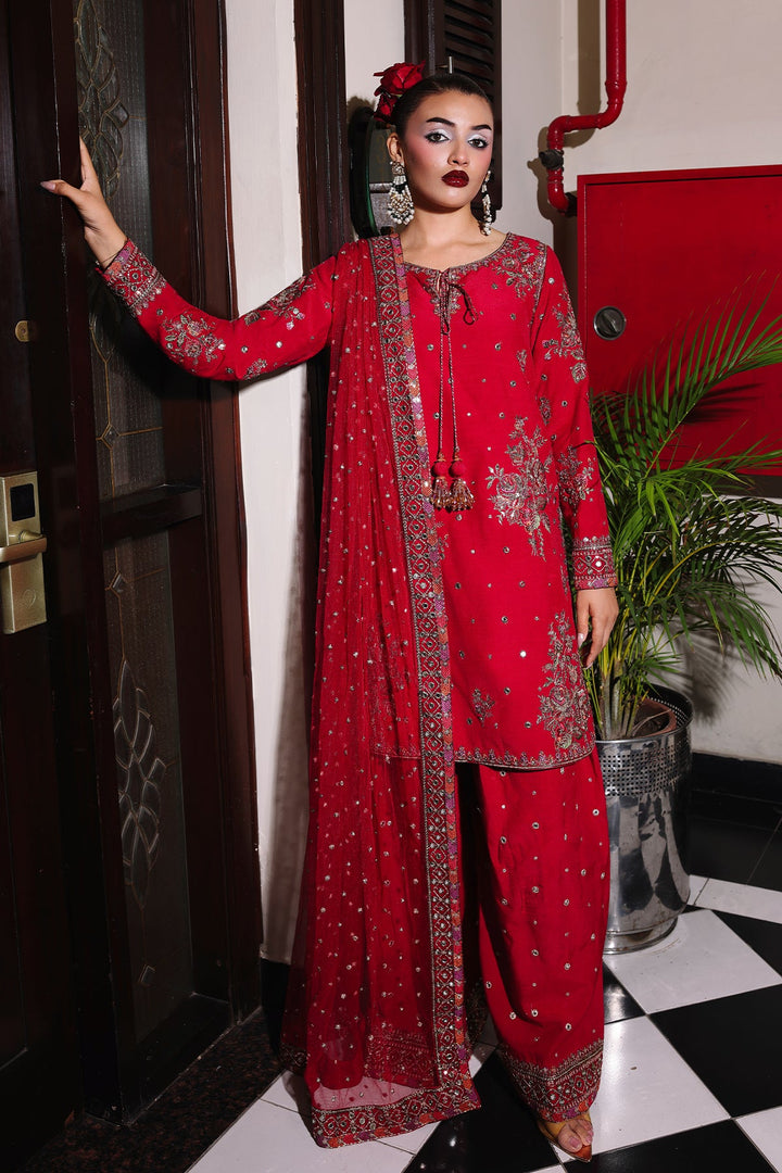Embroidered Raw Silk Red Stitched Suit - Charizma