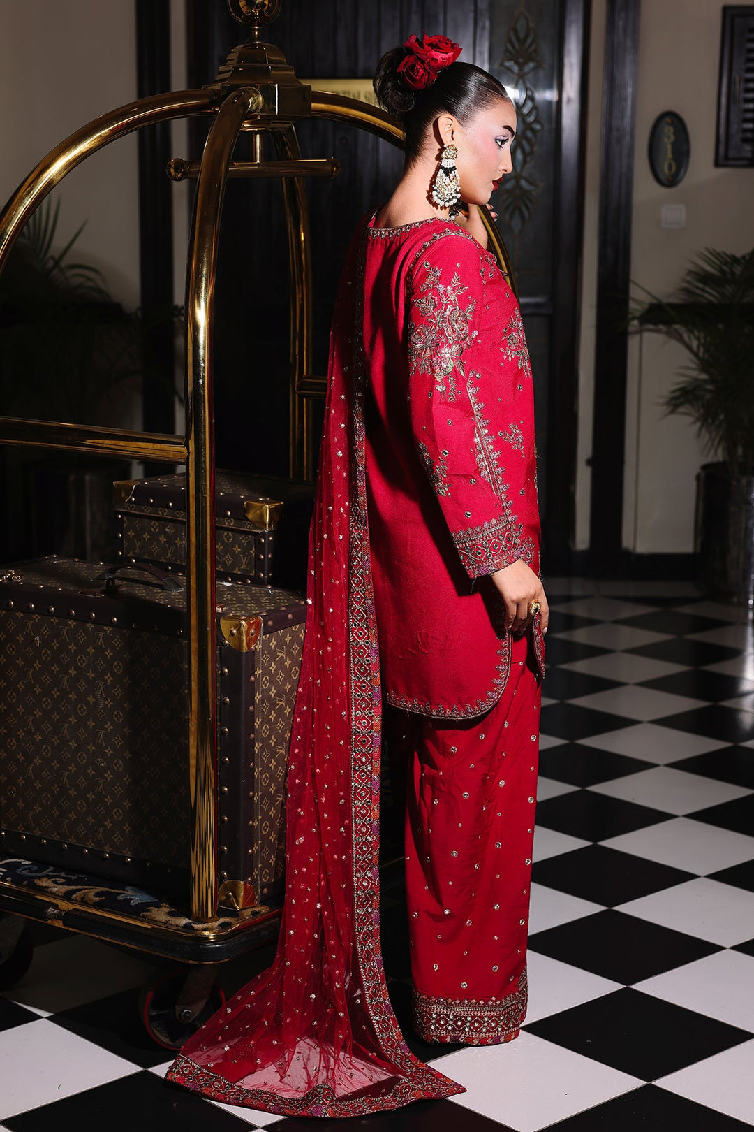 Embroidered Raw Silk Red Stitched Suit - Charizma