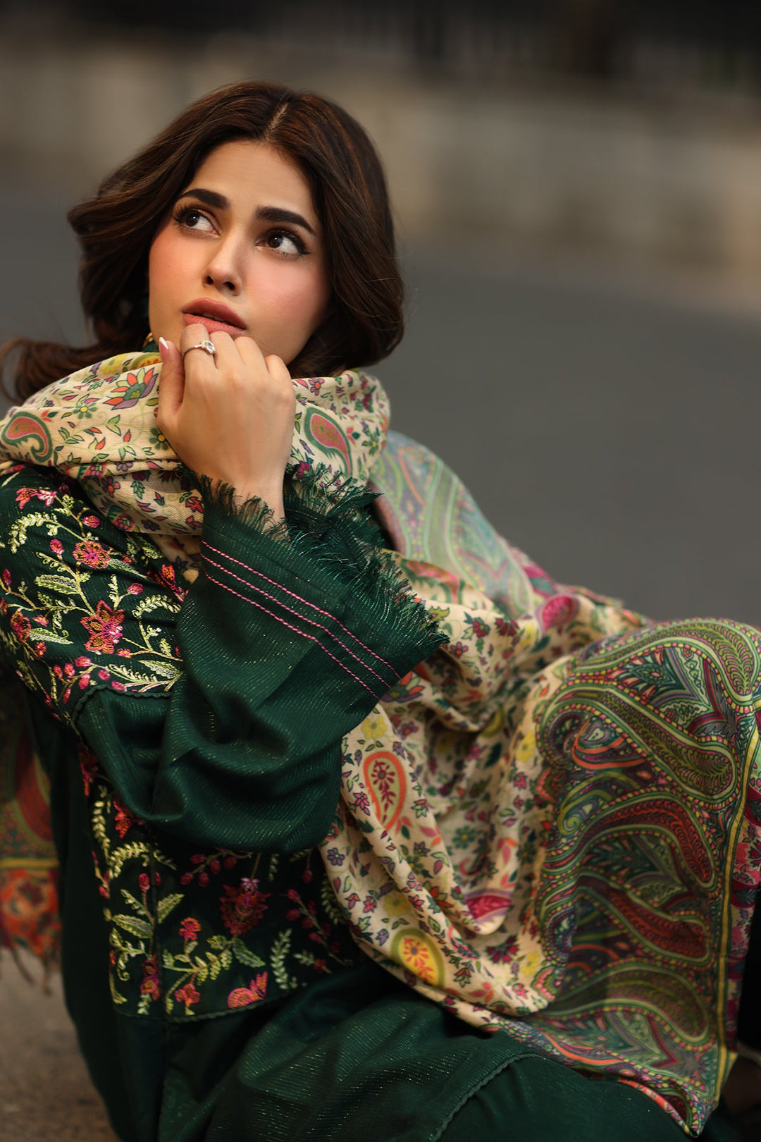 Embroidered Raw Silk Green Stitched Suit - Charizma