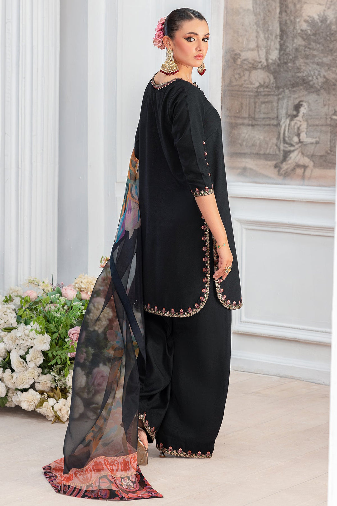 Embroidered Raw Silk Black Stitched Suit - Charizma