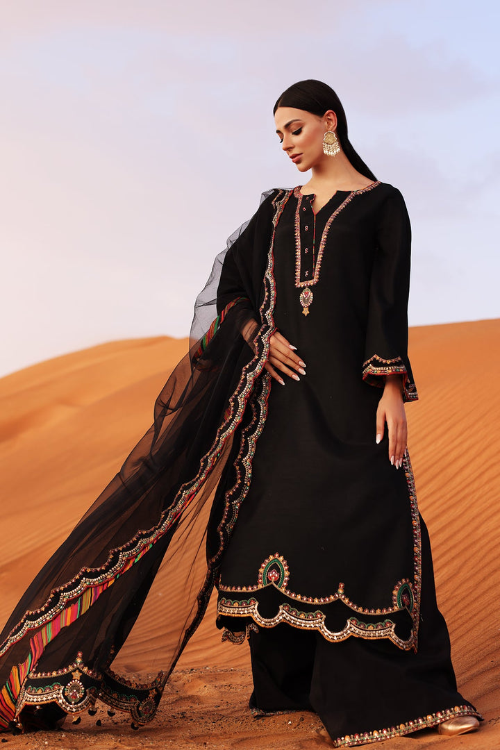 Embroidered Raw Silk Black Stitched Suit - Charizma