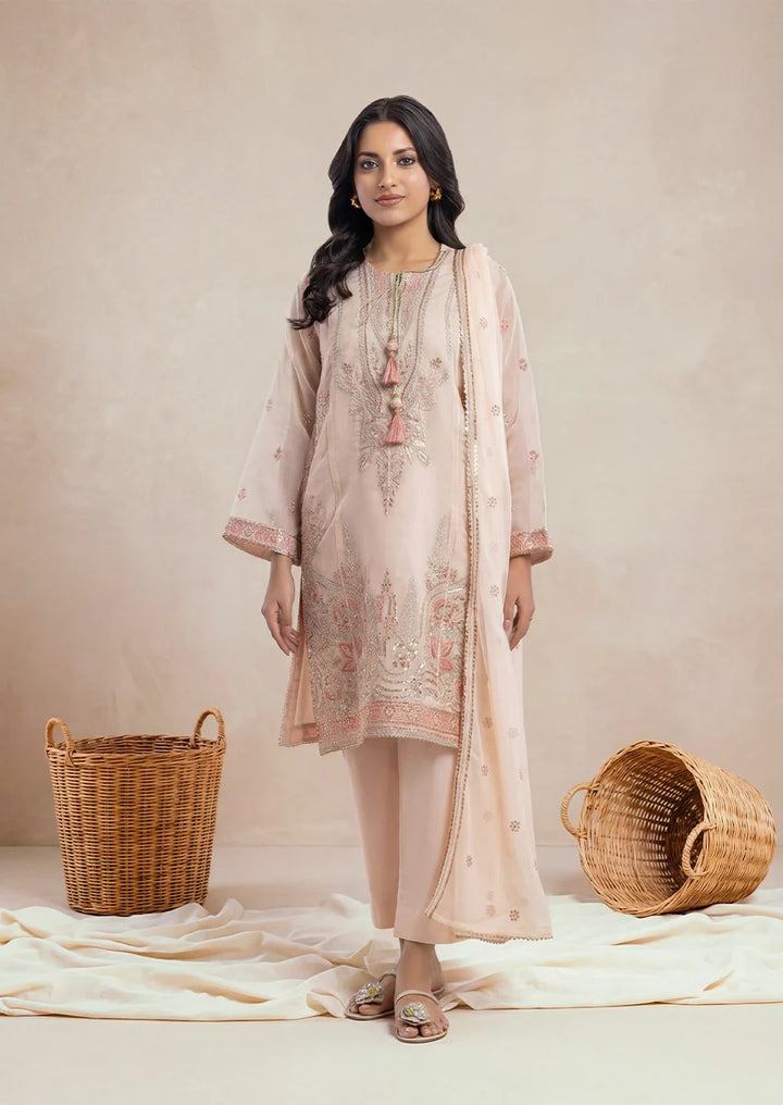 Textured Net Pink Stitched Suit - Bonanza