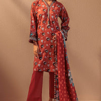 Printed Cotton Maroon Stitched Suit - Bonanza