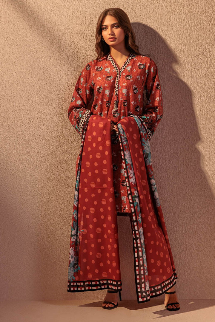 Printed Cotton Maroon Stitched Suit - Bonanza
