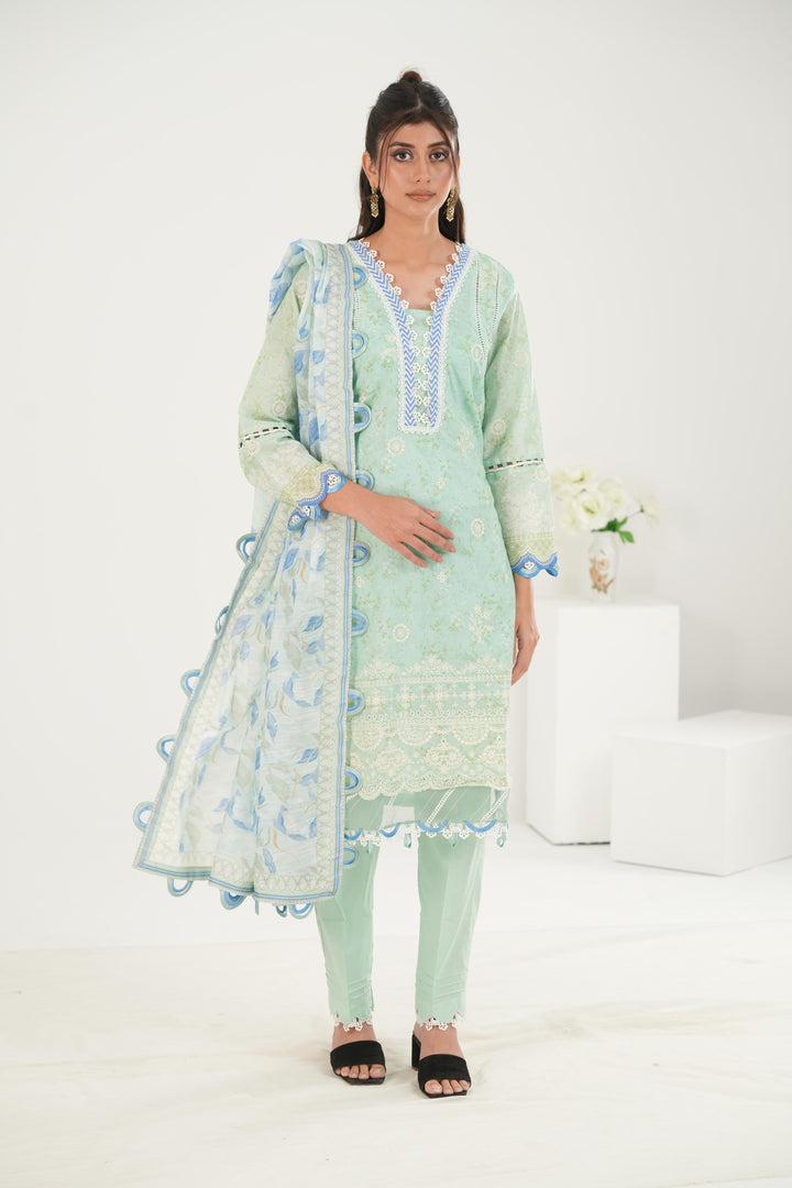 Embroidered Lawn Mint Stitched Suit - Zellbury