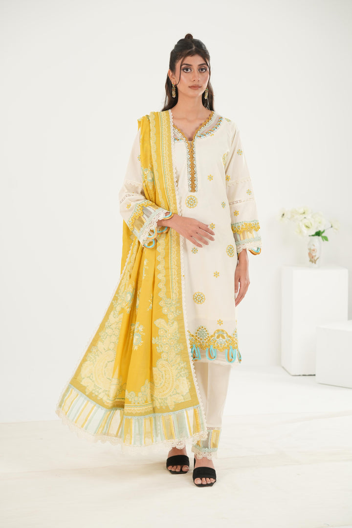 Embroidered Lawn Mustard Stitched Suit - Zellbury