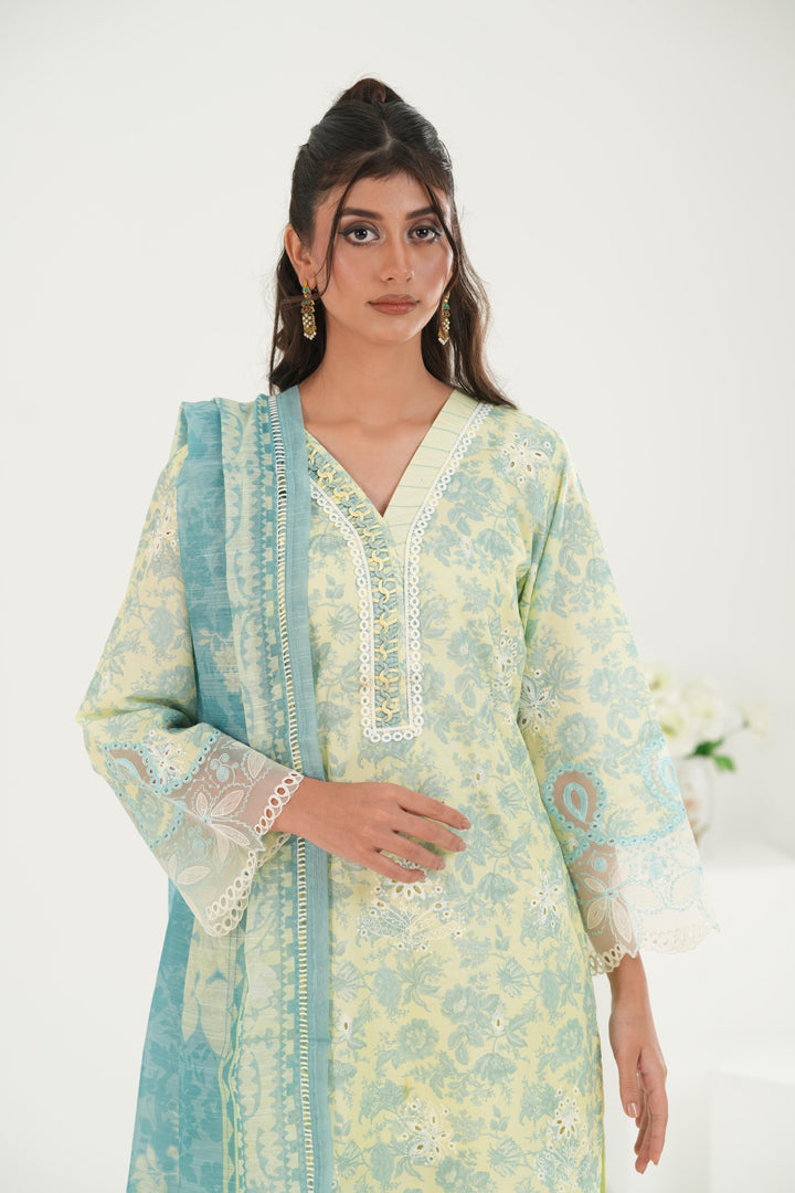 Embroidered Lawn Lemon Stitched Suit - Zellbury
