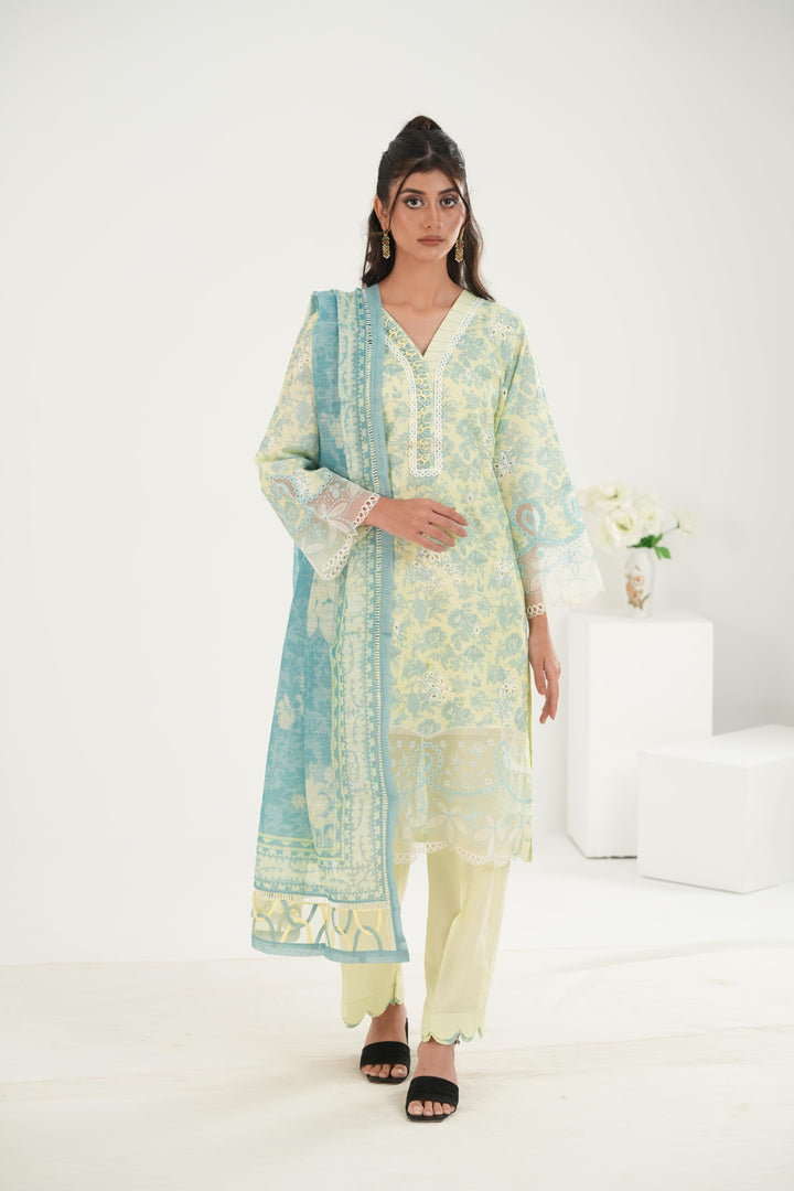 Embroidered Lawn Lemon Stitched Suit - Zellbury
