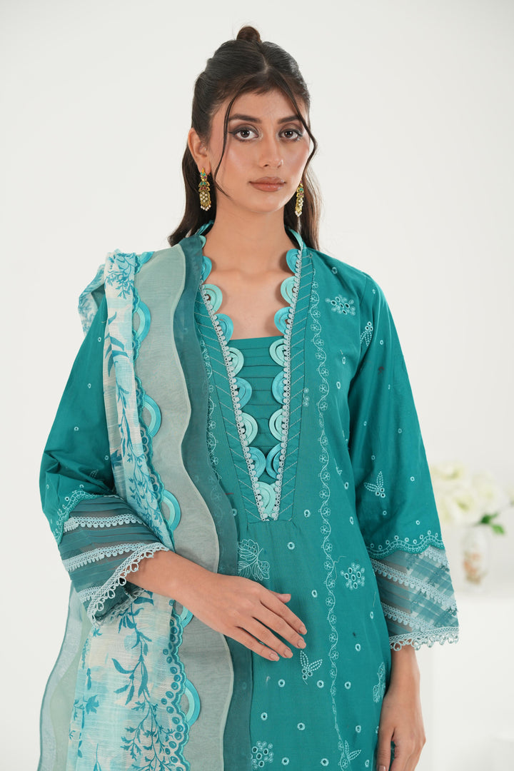 Embroidered Lawn Teal & Grey Stitched Suit - Zellbury