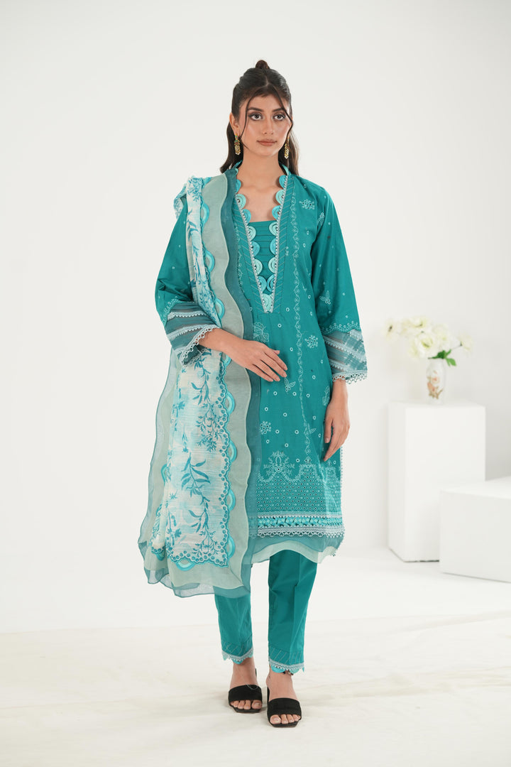 Embroidered Lawn Teal & Grey Stitched Suit - Zellbury