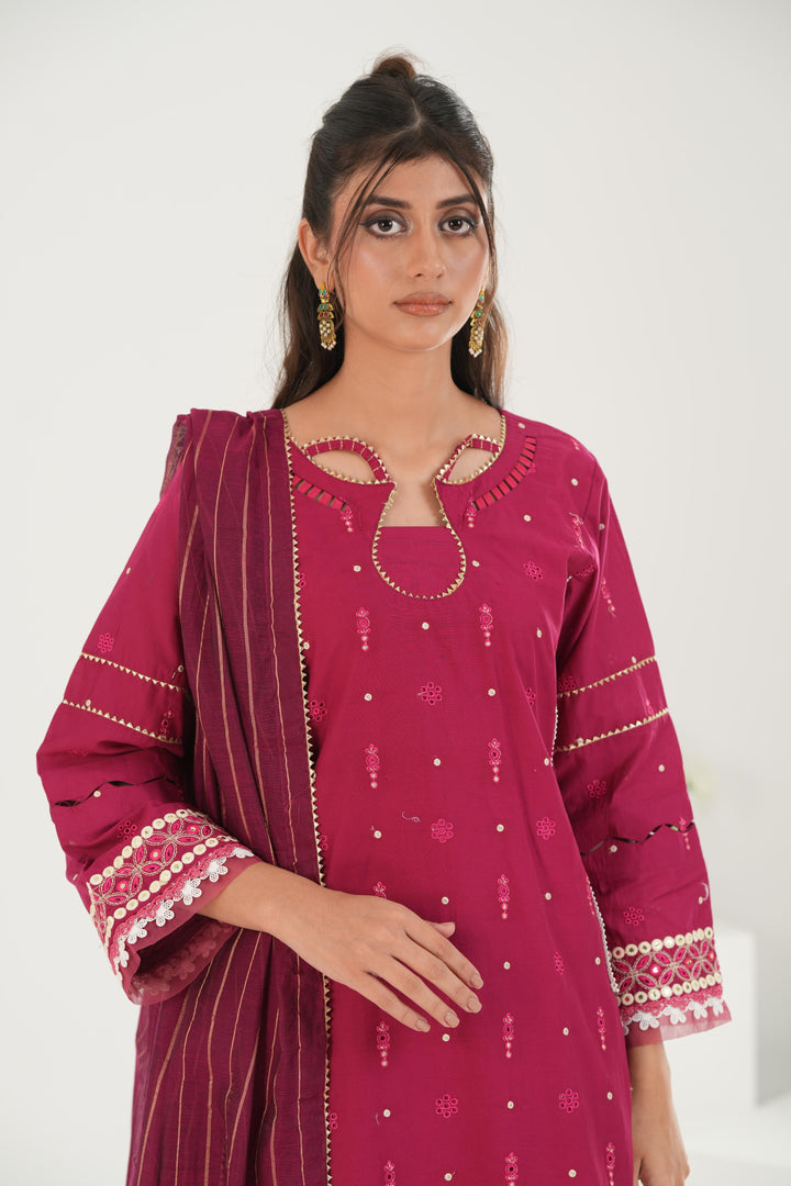 Embroidered Lawn Hot Pink Stitched Suit - Zellbury