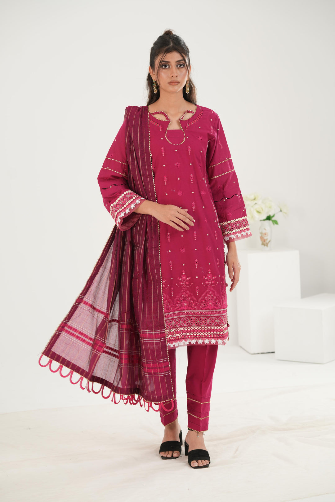 Embroidered Lawn Hot Pink Stitched Suit - Zellbury