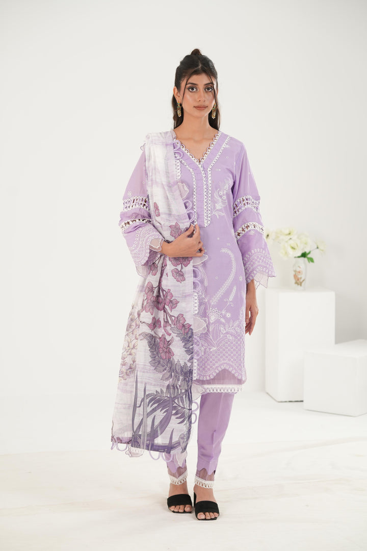 Embroidered Lawn Lilac Stitched Suit - Zellbury