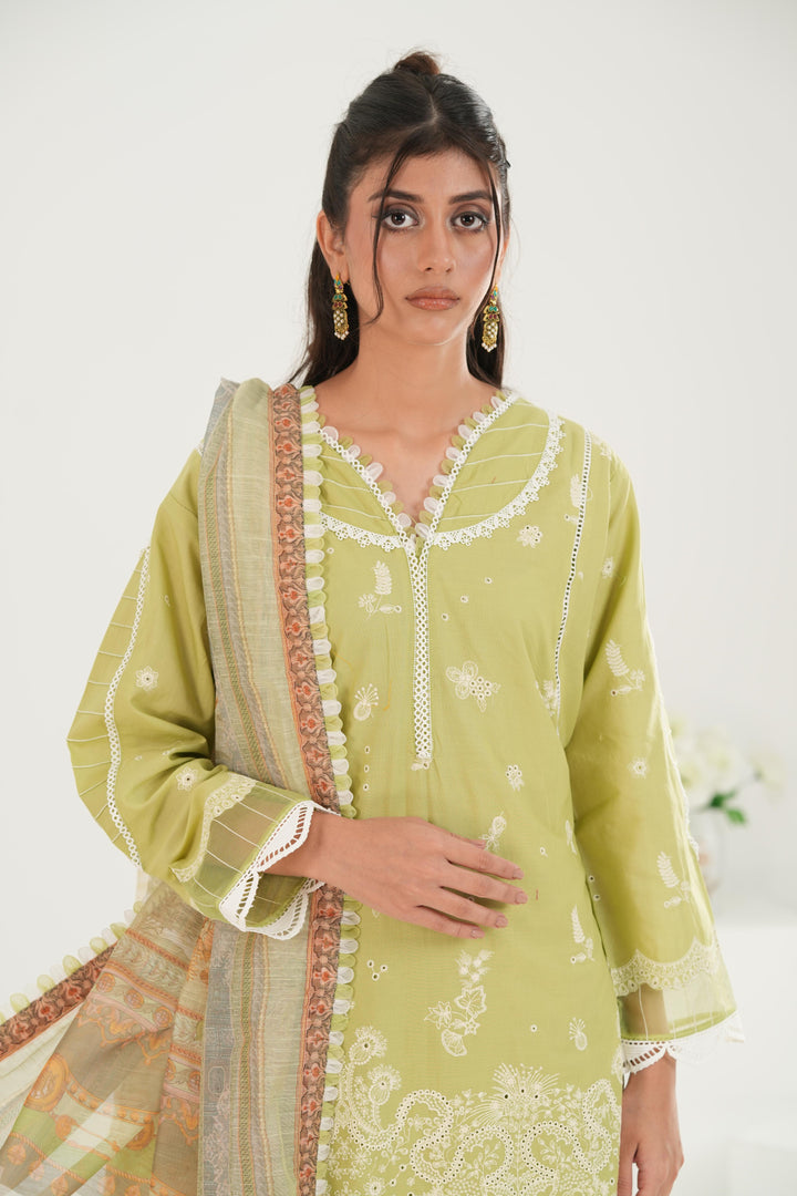 Embroidered Lawn Green Stitched Suit - Zellbury