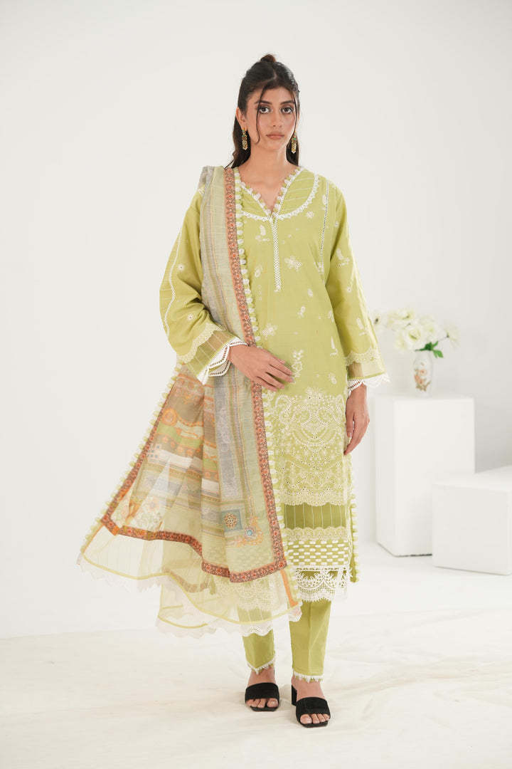 Embroidered Lawn Green Stitched Suit - Zellbury