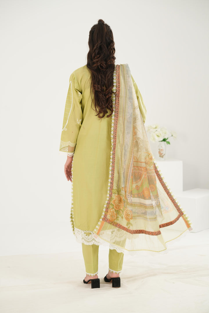 Embroidered Lawn Green Stitched Suit - Zellbury