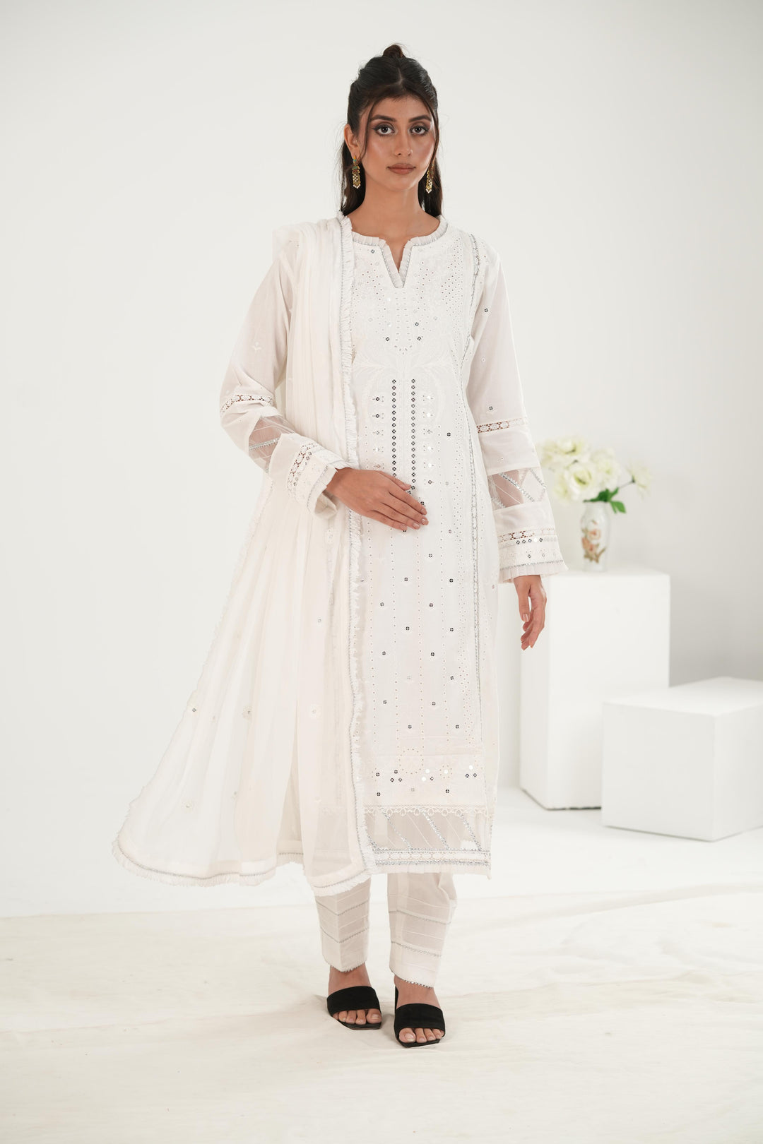Embroidered Lawn White Stitched Suit - Zellbury