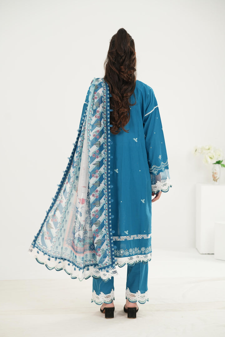 Embroidered Lawn Blue Stitched Suit - Zellbury