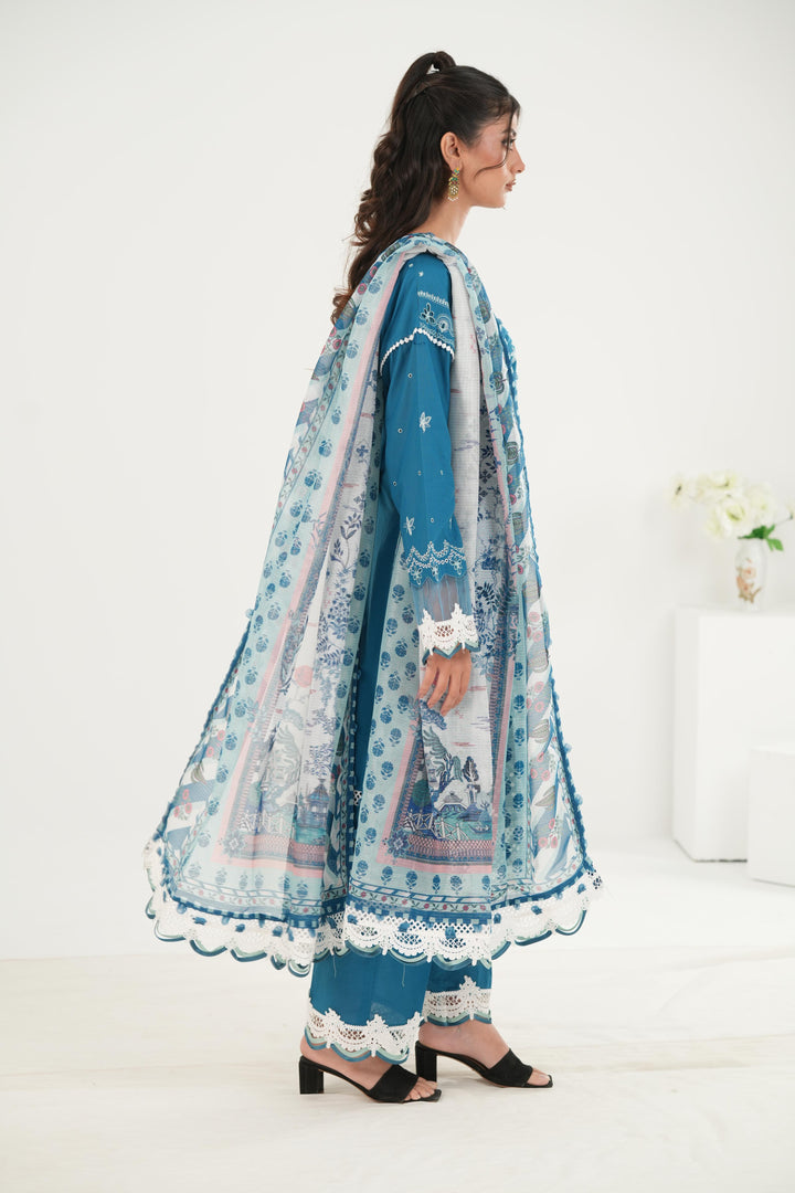 Embroidered Lawn Blue Stitched Suit - Zellbury