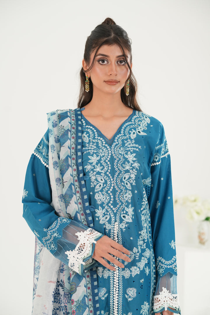 Embroidered Lawn Blue Stitched Suit - Zellbury