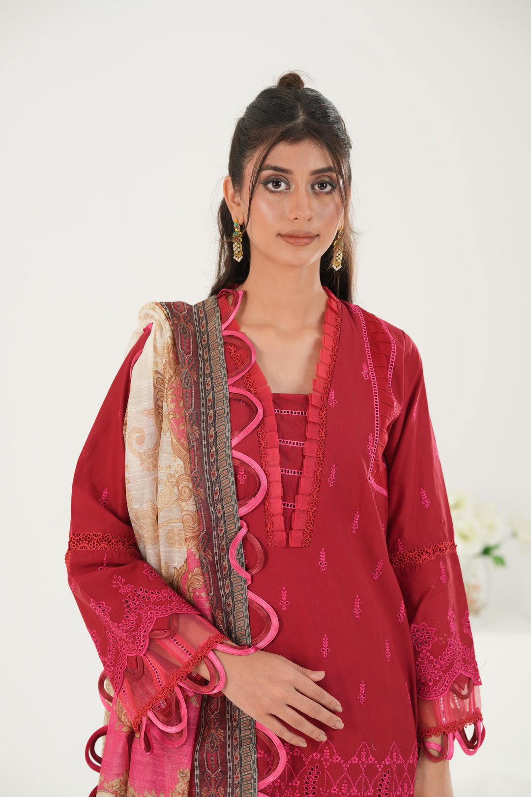 Embroidered Lawn Red Stitched Suit - Zellbury