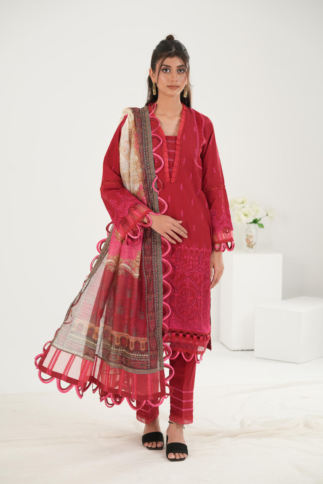 Embroidered Lawn Red Stitched Suit - Zellbury