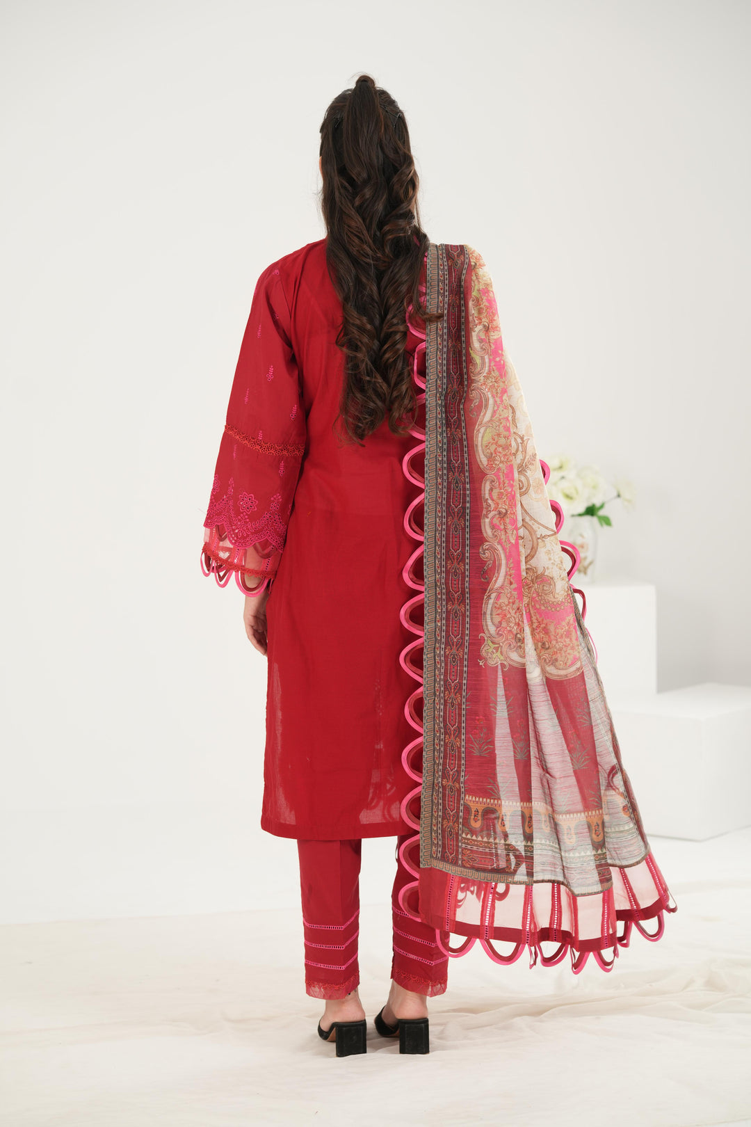 Embroidered Lawn Red Stitched Suit - Zellbury