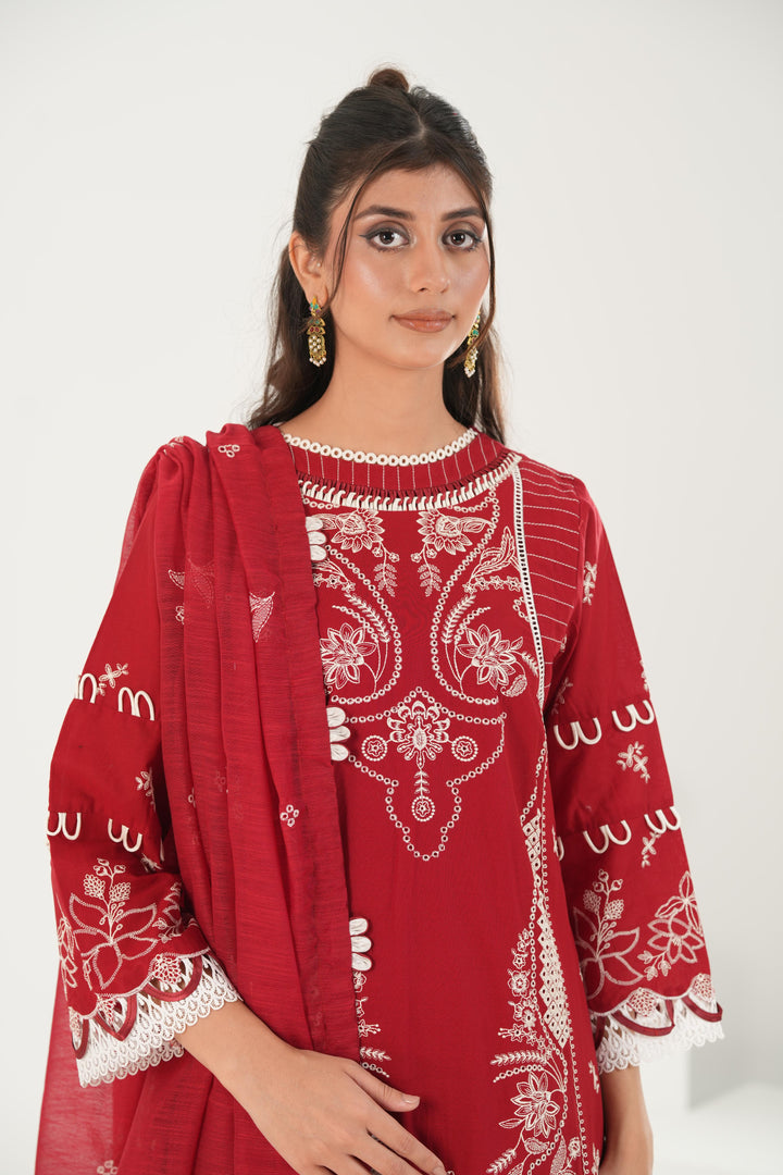 Embroidered Lawn Red Stitched Suit - Zellbury