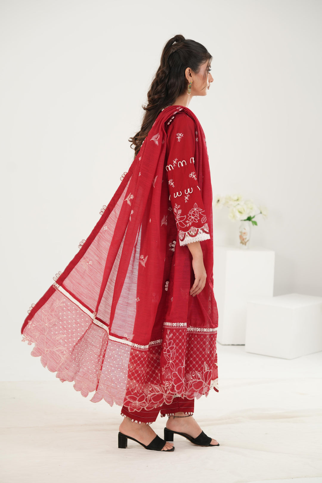 Embroidered Lawn Red Stitched Suit - Zellbury