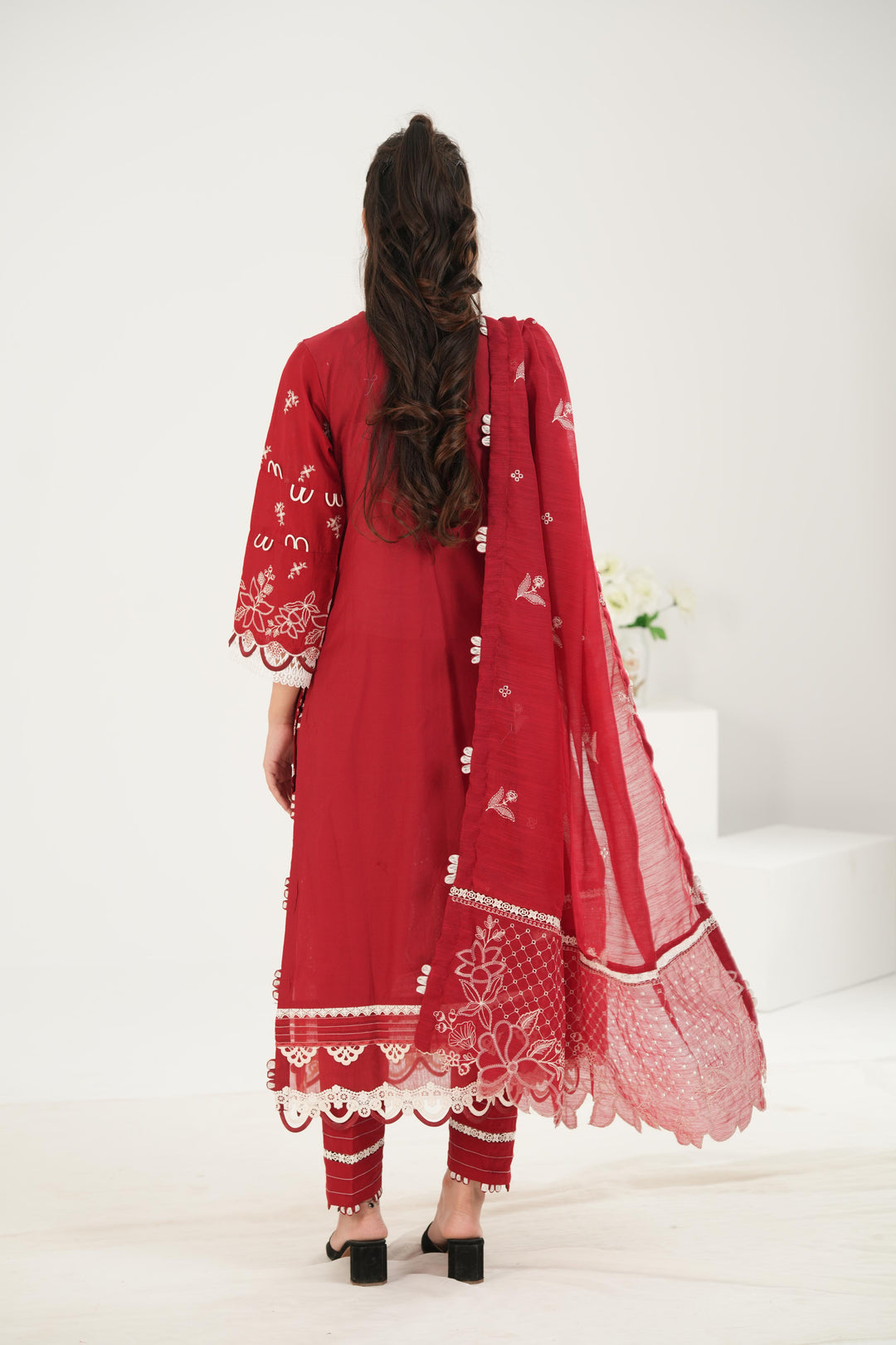 Embroidered Lawn Red Stitched Suit - Zellbury