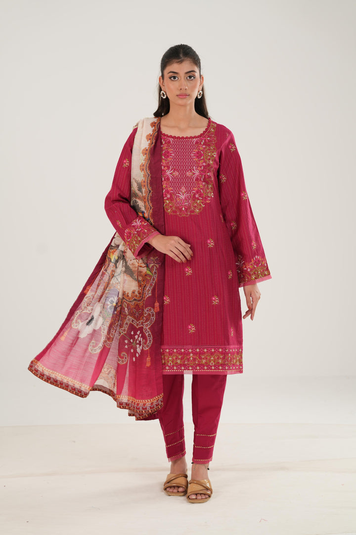 Lawn Red Stitched Suit - Zellbury